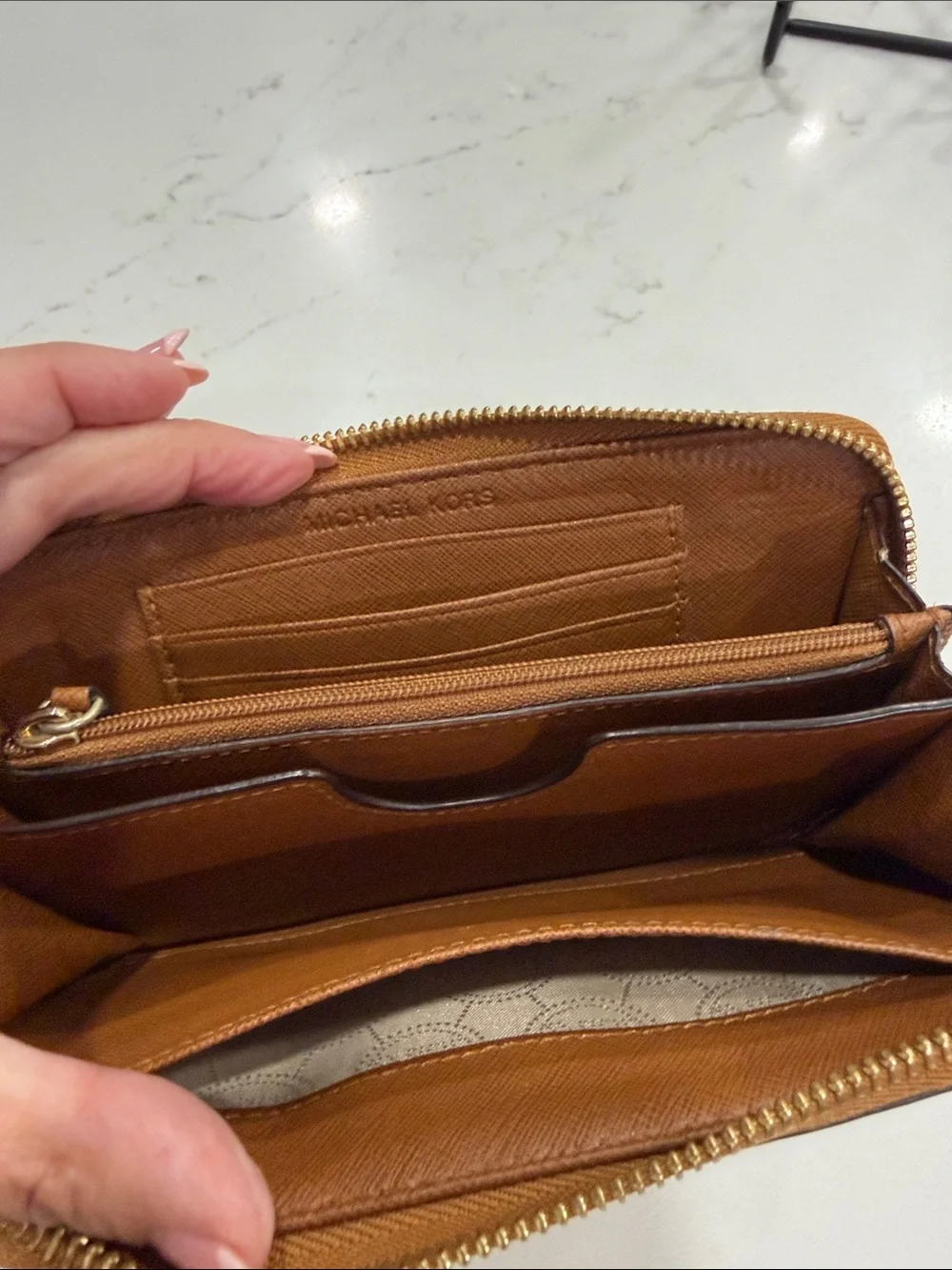 Michael Kors Tan Saffiano Zip Wristlet Card Holder